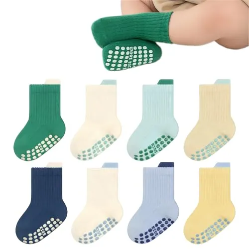 YANWANG 8 Pares de Calcetines Antideslizantes con Agarre para Bebé Calcetines de Tripulación Transpirable para Pequeños Niños Niñas(Green+Blue,M:1-3Y)