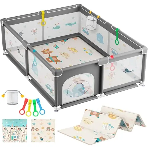 JUPPLIES Parque Infantil Bebe 150x180cm + Alfombra Bebe – Corralito Bebe con Malla Transpirable – Parque de Juegos Bebe Plegable con Puerta Lateral – Playpen Bebe - Gris