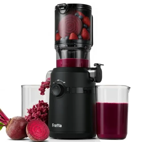 Fretta Extractor de Zumos y Verduras, Apertura de 108MM y Capacidad de 1L, Licuadora Prensado en Frio para Verduras Frutas Enteras, 200W Slow Juicer Machine, Fácil Montaje y Limpieza, Sin BPA (Negro)
