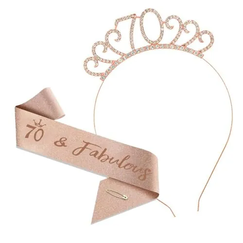 KBSICWO 70 Años Cumpleaños Mujer Corona Sash Kit, Sash Corona Cumpleaños Decoracion, Accesorios para el Pelo y Faja para 70 Años Chicas Mujeres (Oro Rosa)