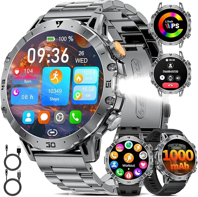 1000mAh Batería Reloj Inteligente Hombre, 1.7'' Smartwatch Hombres con Llamadas Bluetooth,Militar LED Linterna,100+ Modos Deportivos,Reloj de Fitness, Pulsómetro,Monitor de Sueño,IP68 para Android iOS