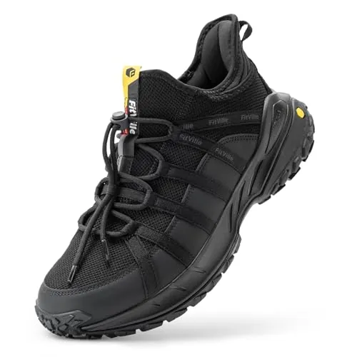 FitVille Zapatillas de Senderismo Hombre Extra Anchos Zapatos de Trekking Sin Cordones Transpirables Montaña Zapatillas Ligeros para Caminar Exterior Antideslizantes Negro 49 EU X-Ancho