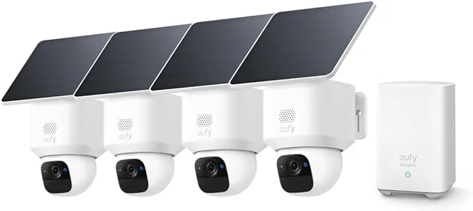 eufy Security SoloCam E30 Camara vigilancia WiFi Exterior, con Energía Solar, Panorámica de 360°, Seguimiento por IA, Claridad 2K, Compatible con HomeBase S380, Sin Cuotas Mensuales, 4 Pack+Homebase2