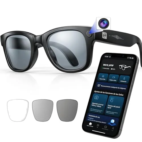 smartia Gafas Inteligentes con cámara, App incluida en español, Gafas Bluetooth Sonido Hi-Fi, IA GPT integrada por Voz, Smart Glasses fotocromáticas y Traducción Simultánea, Cámara de 8 MP