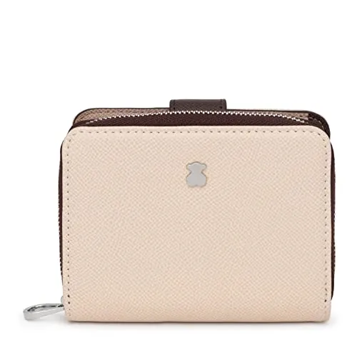 TOUS Cartera de Poliuretano con Efecto Saffiano en Marrón y Beige, Cierre Presión y Cremallera, Medidas 12 x 10 x 3 cm, Bonito y Chic, Colección Dubai