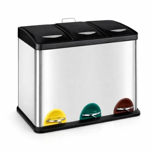 T-LOVENDO.ES Cubo basura o reciclaje 3 de compartimentos Grande | 3 X 8L Total 24 Litros | Contenedores de reciclaje separados por color | Papeleras con pedal | Acero | Gran capacidad