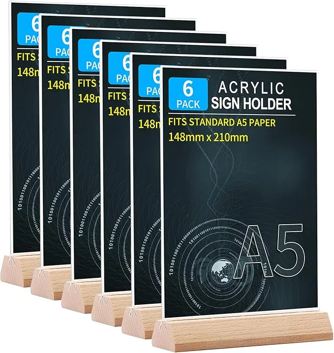 Soporte Cartel A5 de Acrílico (6 Unidades) Expositor Metacrilato A5 Soporte Menú, Porta Carteles, Soporte de Sobremesa, Base de Madera Titular de Menú Póster para Hotel, Tienda