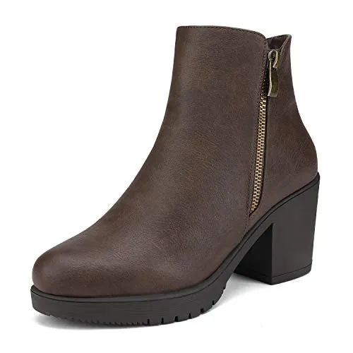 DREAM PAIRS Botines Chelsea Tacon Ancho,Marrón/Pu,41.5 | Botines de tacón para otoño, con plataforma, cremallera y tacón para mujer. Suela antideslizante y plantilla acolchada.