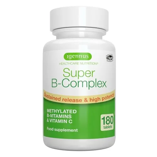 Igennus Super B-Complex – Complejo de Vitamina B Metilado con Metilfolato, Vitamina B12 Metilcobalamina y Vitamina C, Alta Absorción y Liberación Prolongada, 180 Comprimidos Veganos