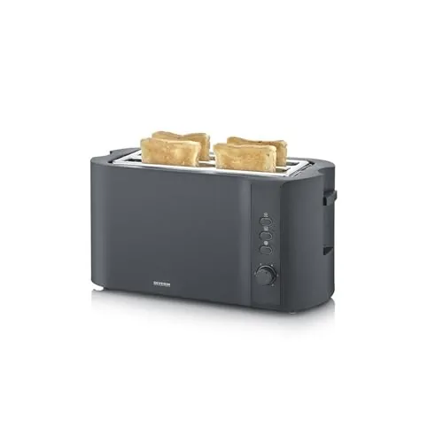 Severin Tostadora de ranura larga, 4 rebanadas con accesorio integrado para panecillos, 2 ranuras de tostado largas, niveles de calentamiento ajustables, 1.400 W, negro mate, AT 2591 