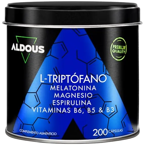 200 Cápsulas Triptofano con Melatonina y Magnesio + Vitamina B6, B5, B3 + Espirulina - Máxima Dosis Sueño + Descanso - 1,78mg de Melatonina con Magnesio - 600mg de Triptófano para Dormir Bien - ALDOUS