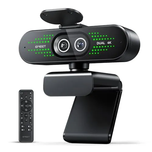 EMEET Nova 4K Webcam Doble Cámara para PC, Gran Angular y Teleobjetivo, Zoom Híbrido MAX 11X, Enfoque PDAF, Control Remoto, Luces RGB, Webcam con Micrófono para Llamadas Empresariales o Personales