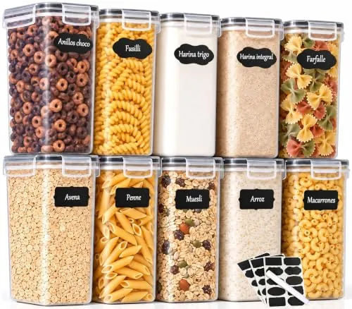 GoMaihe - Juego de 10 tarros de 2 litros: tarros herméticos con tapa para almacenar alimentos | cajas de cocina para pasta y azúcar | Sin BPA | Apto para lavavajillas | Incluye etiquetas y marcadores
