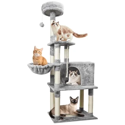 Nobleza - Árbol para Gatos, Altura 168 cm, con 9 Postes Rascadores, 4 Plataformas, 1 Cueva,1 Hamacas, Pompón, Cuerda de sisal, Tela de Felpa, Rascador Multinivel para Gatos Grandes, Gris