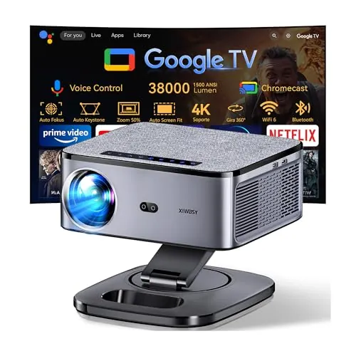Proyector【1500 ANSI/Google TV/Auto Focus】 XIWBSY Proyector Portatil 38000 Lúmenes, Gira 360 °, WiFi 6 Bluetooth 5.3, Control por Voz, Soporte 4K 1080P, Proyectores Video Cine En Casa/Exterior Netflix