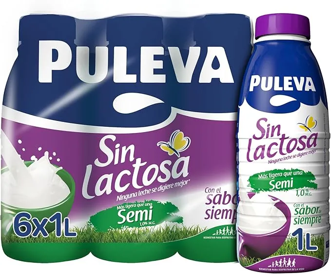 Puleva - Leche Puleva Sin Lactosa Semidesnatada 1 % M.G., Fácil de Digerir, Rico en Calcio y Vitaminas A, D y E, Ideal para Intolerantes a la Lactosa, Pack 6 x 1 L