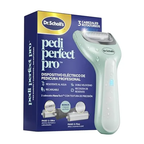 Dr. Scholl's Pedi Perfect Pro Pedicura Eléctrica Profesional para Pies – Elimina Callos y Durezas, Lima Eléctrica para Talones, Fresa Recargable e Impermeable, 3 Cabezales, Recogepolvo