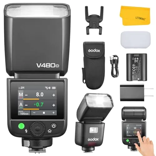 Godox V480 O V480-O Flash TTL para Olympus, Speedlite inalámbrico 2.4G con HSS 1/8000s, pantalla táctil a color 2.0", batería Li-ion, 650 rayos de potencia completa, lámpara piloto de 10 niveles
