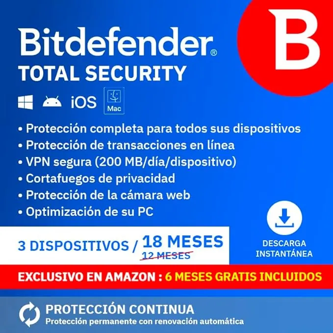 [Exclusivo en Amazon] Bitdefender Total Security | 3 Dispositivos | 18 Meses | Código de activación enviado por email
