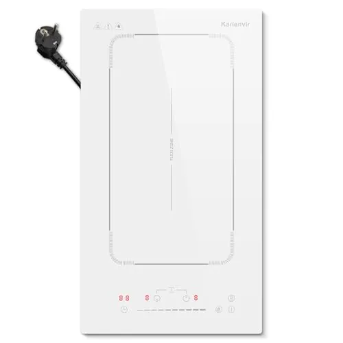 Karienvir Placa Inducción 2 Fuegos con Enchufe con Zona Flexible, Blanca | 3500W, 30cm, 9 Niveles de Potencia, Boost Función, Temporizador de 99 minutos, Bloqueo de Seguridad, Control deslizante