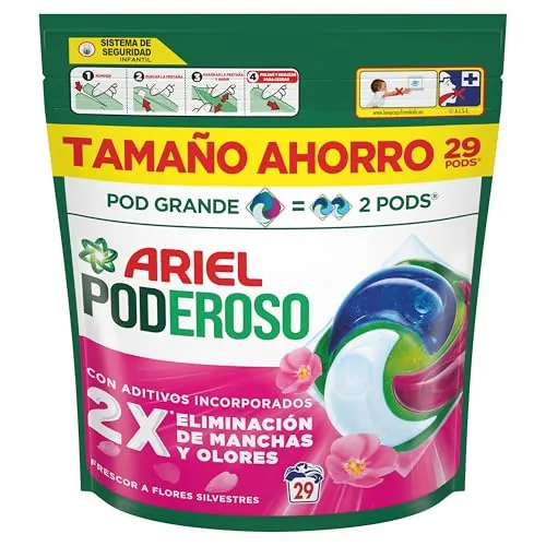 Ariel Pods PODEROSO Detergente lavadora capsulas | 29 Lavados | Frescor Silvestre | POD GRANDE = 2 PODS | 2X eliminación de manchas y olores