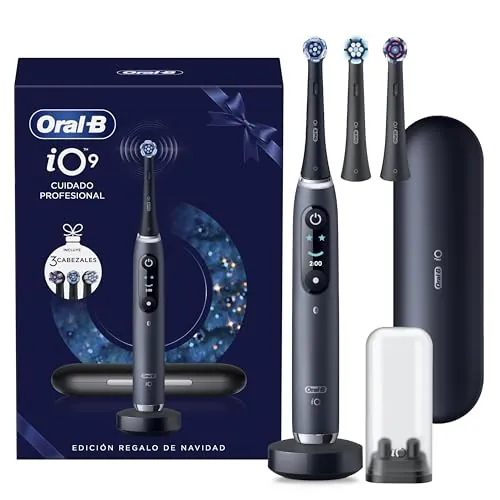 Oral-B iO 9 Cepillo de Dientes Eléctrico con 3 Cabezales, Negro - Cepillo Dental Recargable con 7 Modos de Cepillado, Sensor de Presión Y Estuche Cargador de Viaje, Carga Rápida, Seguimiento con App
