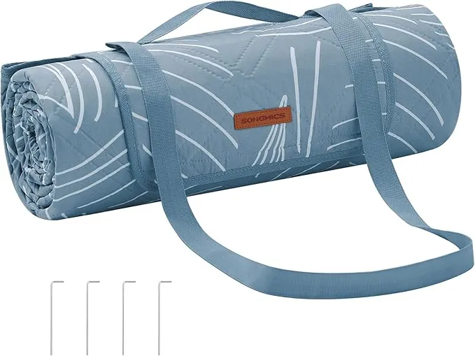 SONGMICS Manta de Picnic, 300 x 200 cm, con 4 Estacas de Suelo, Manta Grande, para Camping, Parque, Jardín, Playa, Impermeable, Lavable a Máquina, Plegable, Motivo de Hojas y Azul Claro GCM310Q03
