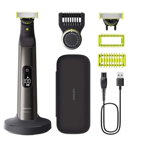 Philips OneBlade Pro 360 Barbero, afeitadora y recortadora eléctrica facial y corporal, 2 cuchillas 360º, peine de 14 longitudes, kit corporal, soporte de carga, funda de viaje, Negro, QP6652/30