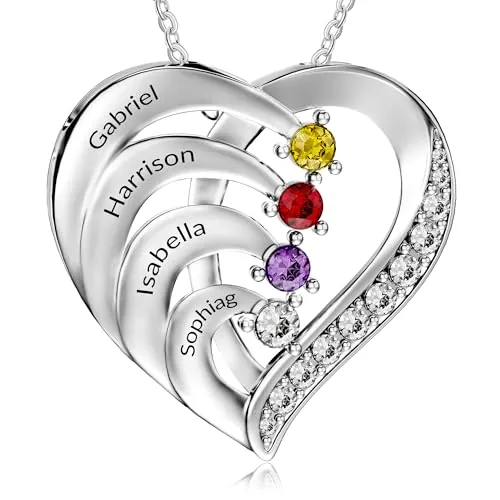 Easycosy Regalo Dia de la Madre, Collar Personalizado con Nombre Grabado, Colgante de Corazón con Piedras de Nacimiento, Collar de Mujer en Plata 925, Idea Regalo para Mamá, Mujer, Pareja, Amigo