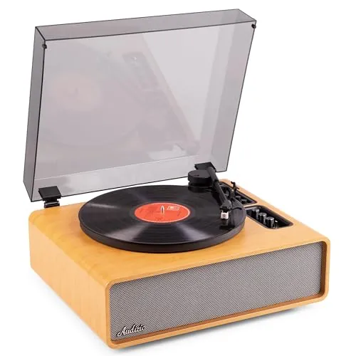 Audizio Laredo – Tocadiscos de Vinilo Bluetooth con Altavoces HiFi 160W, cápsula Audio Technica, Gira Discos con Plato de 29 cm, giradiscos Vinilo con RCA y BT in/out, Acabado en bambú