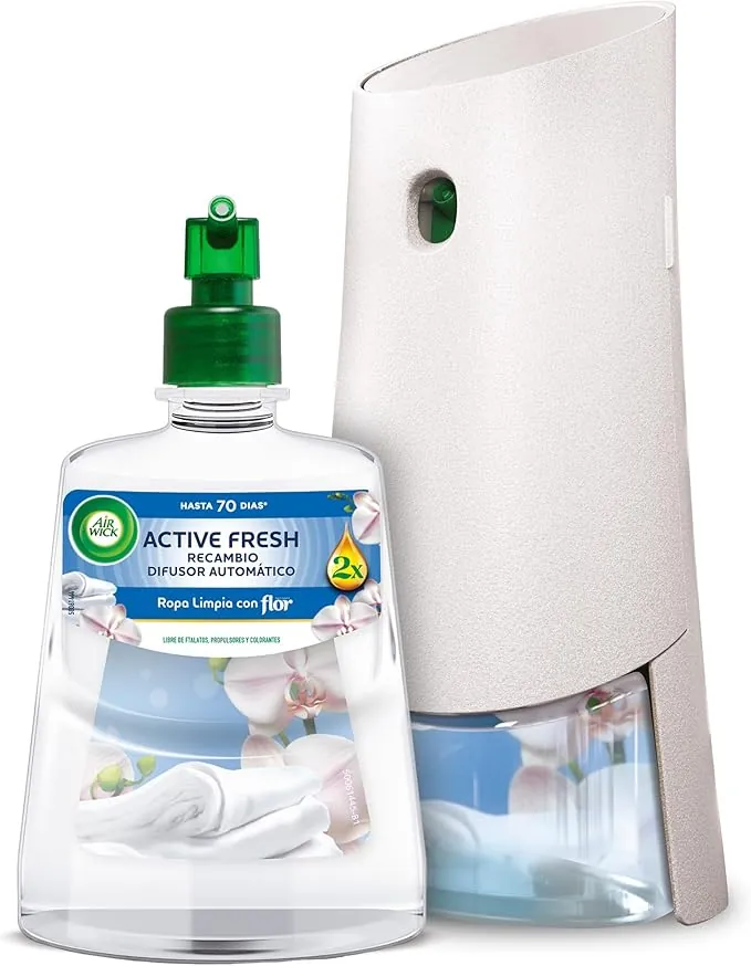 Air Wick Active Fresh Spray Automático Sin Aerosol - fragancia a Ropa Limpia, 2 veces más aceites esenciales - Aparato difusor + recambio, hasta 70 días de duración
