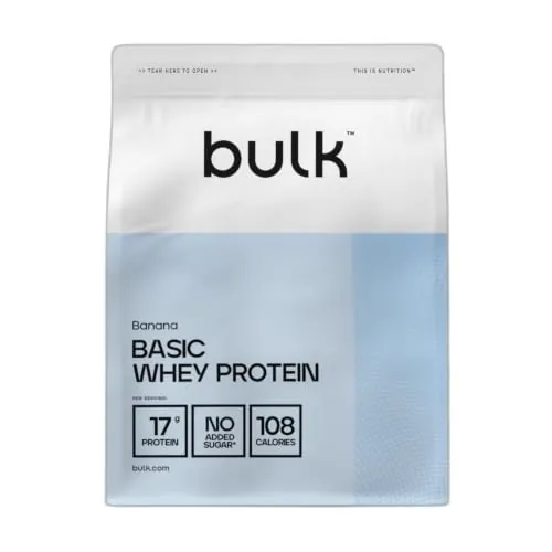 Bulk Basic Proteína de Suero en Polvo | Banana | 1,25 kg | 41 Raciones | Hasta 18 g de Proteína | Bajo en Azúcar | Fórmula de Rápida Absorción | Apoya el Crecimiento y la Recuperación Muscular