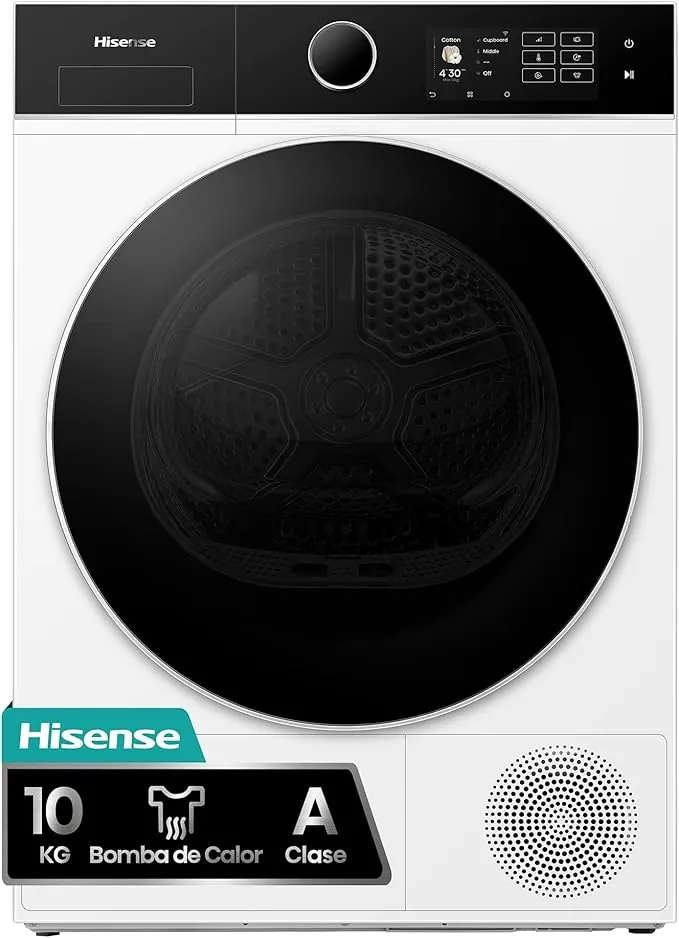 Hisense DH5I104BWAB - Secadora bomba de calor, capacidad 10 Kg, Clase A, iluminación interior, puerta cristal, ancho 59,5cm, alto 84,5cm, fondo 64cm, Blanco