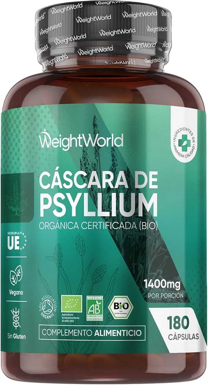 Cáscara de Psyllium Husk 1400 mg - 180 Cápsulas de Pisilio Orgánico Puro - Fibra de Plantago Ovata, Vegano, Sin Gluten, Sin Lactosa y Keto para 3 Meses de Suministro