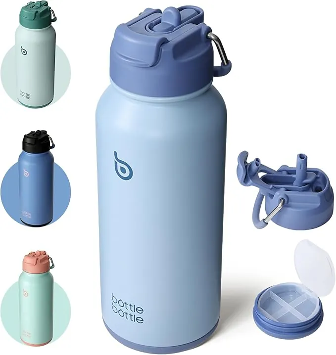 BOTTLE BOTTLE Botella de agua aislada de 32 onzas, botella de agua deportiva de acero inoxidable con pajilla, diseño de tapa de doble uso para gimnasio con pastillero (azul)