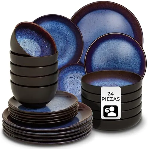tectake® Vajilla de Gres para 6 Personas, Hecha a Mano, Diseño Marítimo | Loza Esmaltada, Apta para Lavavajillas, Uso en Microondas, 24 Piezas, Platos Hondos y Cuencos a Juego, Azul Marrón