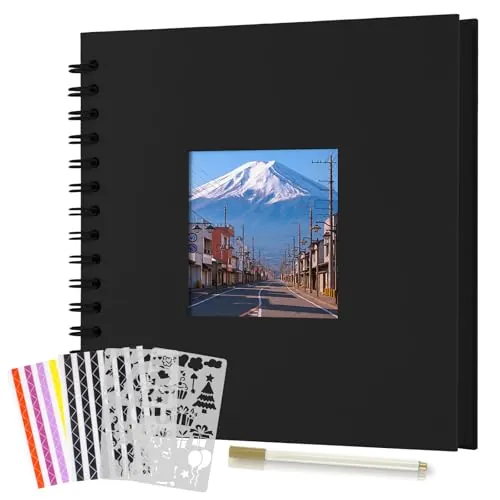 Boic Álbum de Fotos 21x21cm Scrapbook con Ventana, DIY Espiral Álbum de Recortes para Pegar y Escribir 40 Páginas, Regalos de Boda Aniversario Cumpleanos (Negro)
