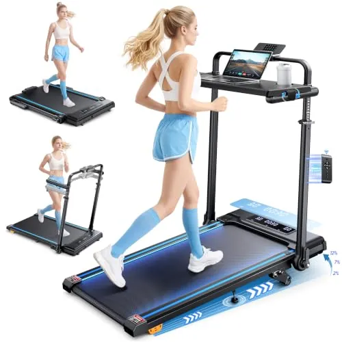 Cinta de Correr Plegable, 6 en 1 Cinta de Correr con Inclinación 3 Niveles(2%-7%-12%), Motor 3.0 HP, Velocidad 1-12 km/h, Manillar Extensible 15 cm, Cinta de Andar con Cinta RGB, App, Carga 150 kg