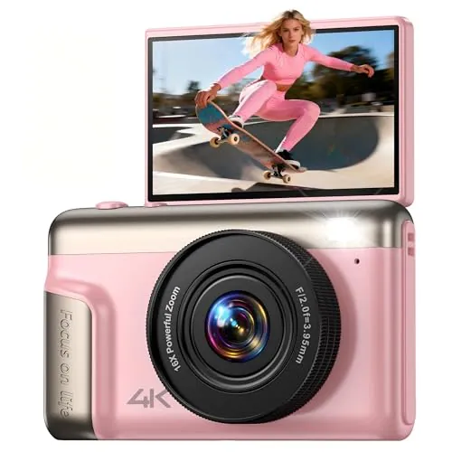 4K Cámara fotográfica Digital: 64 MP compacta videocámara Vlog con 16X Zoom Autofocus – Regalos para Principiantes Adultos – 180° Flip Máquinas fotográficas Niñas Niños Rosa