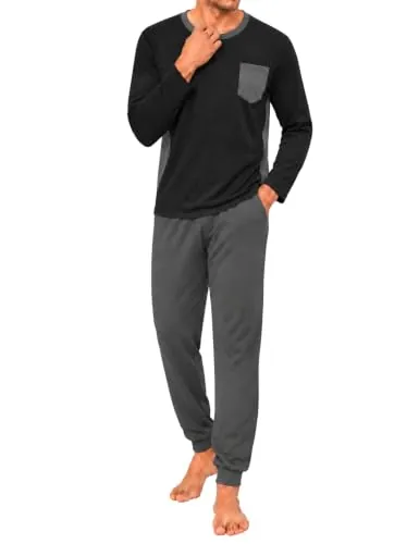 Marvmys Pijamas Hombre Largo Invierno Algodon | Conjunto Manga Larga Cuello Redondo Colores Contrastantes Tops Pijama con Puños Pantalones con Bolsillo y Puños