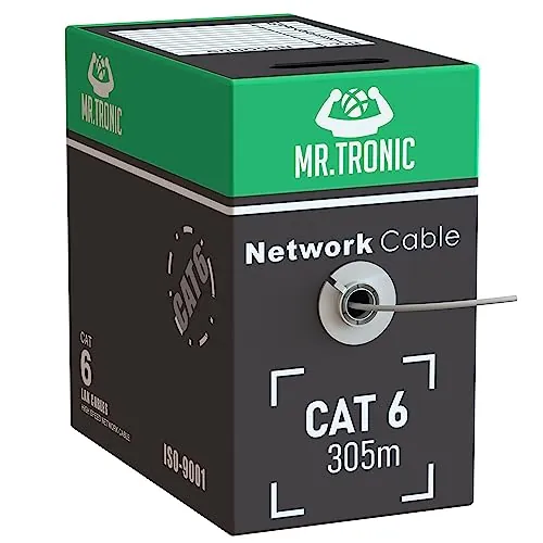 Mr. Tronic Granel Cable Ethernet Cat 6 De 305m, Bulk Cable de Red LAN Para Internet Rápida & Fiable - AWG24 Cat6 a Granel, 1 Gbps Internet 250 MHz UTP CCA (305 Metros, Gris)