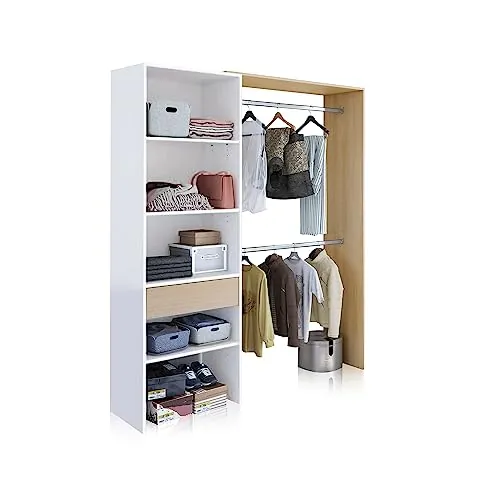 duehome | Armario Vestidor, Armario 2 Barras, 4 Baldas y 1 Cajón, Vestidor Reversible, Modelo Aura, Acabado en Blanco Artik y Roble, Medidas: 158 cm (Ancho) x 187 cm (Alto) x 40 cm (Fondo)