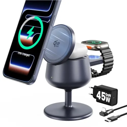 GEEKERA Qi2.2 25W Cargador Magnético Rápido para Apple: 3 en 1 Compatible con MagSafe para iPhone 17/16, 5W para Apple Watch y AirPods, Adaptador 45W GAN, Casa y Oficina.