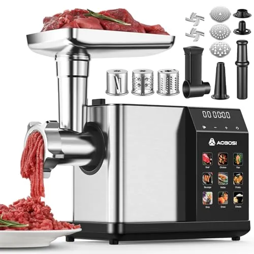 AAOBOSI Picadora De Carne Eléctrica [3000W Máx] - Con Pantalla LED y 9 Velocidades, Contenedor de Almacenamiento Incorporado - Incluye Accesorio de Rebanar, Embutidora y Kibbe - Para Uso Doméstico