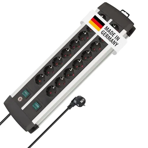 Brennenstuhl Premium-ALU-Line regleta enchufes con 16 Tomas y Interruptor Individual (Cable de 3m, 2X Interruptor Iluminado, Fabricado en Alemania)