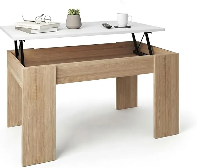 duehome | Mesa de Centro elevable, Mesita de Salón Comedor, Acabado en Roble Canadian y Blanco Artik, Modelo Norak, Medidas: 90 cm (Largo) x 50 cm (Ancho) x 33,8/45,3 cm (Alto)