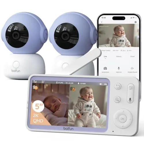 BOIFUN 5" Vigilabebes con 2 Camara 2K (3MP) con 2,4 GHz WiFi y App Móvil