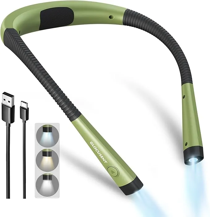 Glocusent Luz de Lectura, Lampara Libro de Lectura Recargable, 3 Colores, 6 Niveles de Iluminación, Brazos Flexibles, Larga Duración, Perfecto para Leer, Tejer, Acampar, Reparar