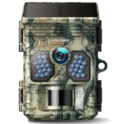 WOLFANG Cámara de Caza Solar 4K 48MP, Camara Fototrampeo con Visión Nocturna, Disparo de 0.1 s, IP66 Impermeable, Camara Caza para Monitoreo de Vida Silvestre
