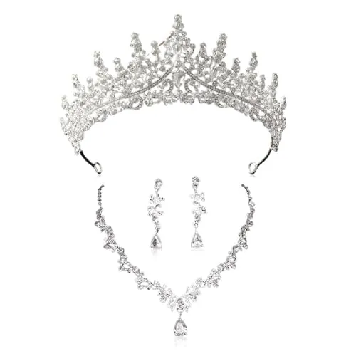 XFSRG Elegante Set de Joyería de Novia de 3 Piezas con Corona Brillante Collar en V y Pendientes de Gota Joyería de Lujo para Bodas y Ocasiones Especiales
